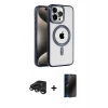 MARSİLYAN™- iPhone 15 Pro Max Kılıf Eksen Form Koleksiyonu - Siyah 3D Antistatik Hayalet Cam Ekran Koruyucu + Titanyum Gri Raze Metal Kamera Lens