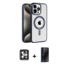 MARSİLYAN™- iPhone 15 Pro Max Kılıf Eksen Form Koleksiyonu - Siyah 3D Antistatik Hayalet Cam Ekran Koruyucu + PVD Metal Kamera Lens - GI