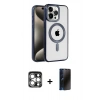 MARSİLYAN™- iPhone 15 Pro Max Kılıf Eksen Form Koleksiyonu - Siyah 3D Antistatik Hayalet Cam Ekran Koruyucu + PVD Metal Kamera Lens - GS