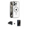 MARSİLYAN™- iPhone 15 Pro Max Kılıf Eksen Form Koleksiyonu - Siyah 3D Antistatik Hayalet Cam Ekran Koruyucu + Raze Metal Kamera Lens - LT