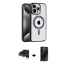 MARSİLYAN™- iPhone 15 Pro Max Kılıf Eksen Form Koleksiyonu - Siyah 3D Antistatik Hayalet Cam Ekran Koruyucu + Raze Metal Kamera Lens - GS
