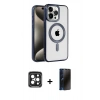 MARSİLYAN™- iPhone 15 Pro Max Kılıf Eksen Form Koleksiyonu - Siyah 3D Antistatik Hayalet Cam Ekran Koruyucu + PVD Metal Kamera Lens - SH