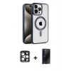 MARSİLYAN™- iPhone 15 Pro Max Kılıf Eksen Form Koleksiyonu - Siyah 3D Antistatik Hayalet Cam Ekran Koruyucu + PVD Metal Kamera Lens - LT