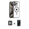 MARSİLYAN™- iPhone 15 Pro Max Kılıf Eksen Form Koleksiyonu - Siyah 3D Antistatik Hayalet Cam Ekran Koruyucu + PVD Metal Kamera Lens - SH