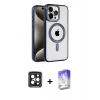 MARSİLYAN™- iPhone 15 Pro Max Kılıf Eksen Form Koleksiyonu - Siyah Bilvis 5in1 3D Magic Cam Ekran Koruyucu + Siyah PVD Metal Kamera Lens