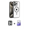 MARSİLYAN™- iPhone 15 Pro Max Kılıf Eksen Form Koleksiyonu - Siyah Bilvis 5in1 5D Magic Hayalet Cam Ekran Koruyucu + Lacivert PVD Metal Kamera Lens