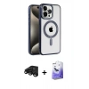 MARSİLYAN™- iPhone 15 Pro Max Kılıf Eksen Form Koleksiyonu - Siyah Bilvis 5in1 5D Magic Hayalet Cam Ekran Koruyucu + Siyah Raze Metal Kamera Lens