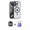 MARSİLYAN™- iPhone 15 Pro Max Kılıf Eksen Form Koleksiyonu - Siyah Bilvis 5in1 5D Magic Hayalet Cam Ekran Koruyucu + PVD Metal Kamera Lens - TU