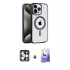 MARSİLYAN™- iPhone 15 Pro Max Kılıf Eksen Form Koleksiyonu - Siyah Bilvis 5in1 5D Magic Hayalet Cam Ekran Koruyucu + PVD Metal Kamera Lens - GS