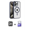 MARSİLYAN™- iPhone 15 Pro Max Kılıf Eksen Form Koleksiyonu - Siyah Bilvis 5in1 5D Magic Hayalet Cam Ekran Koruyucu + PVD Metal Kamera Lens - SH