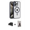 MARSİLYAN™- iPhone 15 Pro Max Kılıf Eksen Form Koleksiyonu - Siyah Bilvis Hayalet Cam Ekran Koruyucu + Titanyum Gri Raze Metal Kamera Lens