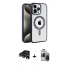 MARSİLYAN™- iPhone 15 Pro Max Kılıf Eksen Form Koleksiyonu - Siyah Vanessa Magic Hayalet Cam + Gümüş Raze Metal Kamera Lens