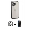 MARSİLYAN™- iPhone 15 Pro Max Kılıf Eksen Form Serisi - Siyah 3D Antistatik Hayalet Cam Ekran Koruyucu + PVD Metal Kamera Lens - GS