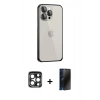 MARSİLYAN™- iPhone 15 Pro Max Kılıf Eksen Form Serisi - Siyah 3D Antistatik Hayalet Cam Ekran Koruyucu + PVD Metal Kamera Lens - LT