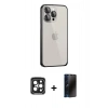 MARSİLYAN™- iPhone 15 Pro Max Kılıf Eksen Form Serisi - Siyah 3D Antistatik Hayalet Cam Ekran Koruyucu + Siyah PVD Metal Kamera Lens