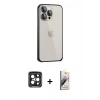 MARSİLYAN™- iPhone 15 Pro Max Kılıf Eksen Form Serisi - Siyah Bilvis 3D Mat Cam Ekran Koruyucu + Siyah PVD Metal Kamera Lens