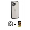 MARSİLYAN™- iPhone 15 Pro Max Kılıf Eksen Form Serisi - Siyah Buffer Cam Ekran Koruyucu + Gümüş PVD Metal Kamera Lens