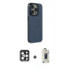 MARSİLYAN™- iPhone 15 Pro Max Kılıf Eksen Işık Prime - Siyah Bilvis Hayalet Cam Ekran Koruyucu + Lacivert PVD Metal Kamera Lens