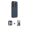 MARSİLYAN™- iPhone 15 Pro Max Kılıf Eksen Işık Prime - Siyah Bilvis Hayalet Cam Ekran Koruyucu + Lacivert PVD Metal Kamera Lens