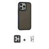 MARSİLYAN™- iPhone 15 Pro Max Kılıf Eksen Işık - Siyah Bilvis 0.18mm Plus Cam Ekran Koruyucu + Gri PVD Metal Kamera Lens