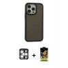 MARSİLYAN™- iPhone 15 Pro Max Kılıf Eksen Işık - Siyah Buffer Cam Ekran Koruyucu + Gümüş PVD Metal Kamera Lens