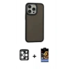 MARSİLYAN™- iPhone 15 Pro Max Kılıf Eksen Işık - Siyah Buffer Hayalet Cam Ekran Koruyucu + Lacivert PVD Metal Kamera Lens