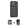 MARSİLYAN™- iPhone 15 Pro Max Kılıf Eksen Işık - Siyah Buffer Hayalet Cam Ekran Koruyucu + Lacivert PVD Metal Kamera Lens