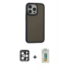 MARSİLYAN™- iPhone 15 Pro Max Kılıf Eksen Işık - Siyah Polymer Nano Ekran Koruyucu + Lacivert PVD Metal Kamera Lens