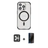 MARSİLYAN™- iPhone 15 Pro Max Kılıf Eksen Klasik Koleksiyonu - Siyah 3D Antistatik Hayalet Cam Ekran Koruyucu + PVD Metal Kamera Lens - GI