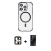 MARSİLYAN™- iPhone 15 Pro Max Kılıf Eksen Klasik Koleksiyonu - Siyah 3D Antistatik Hayalet Cam Ekran Koruyucu + PVD Metal Kamera Lens - GS