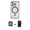 MARSİLYAN™- iPhone 15 Pro Max Kılıf Eksen Klasik Koleksiyonu - Siyah 3D Antistatik Hayalet Cam Ekran Koruyucu + PVD Metal Kamera Lens - SH