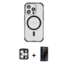 MARSİLYAN™- iPhone 15 Pro Max Kılıf Eksen Klasik Koleksiyonu - Siyah 3D Antistatik Hayalet Cam Ekran Koruyucu + PVD Metal Kamera Lens - GS