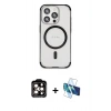 MARSİLYAN™- iPhone 15 Pro Max Kılıf Eksen Klasik Koleksiyonu - Siyah 3D Antistatik Seramik Nano Ekran Koruyucu + Turuncu PVD Metal Kamera Lens