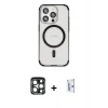 MARSİLYAN™- iPhone 15 Pro Max Kılıf Eksen Klasik Koleksiyonu - Siyah Bilvis 0.18mm Plus Cam Ekran Koruyucu + Lacivert PVD Metal Kamera Lens