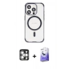 MARSİLYAN™- iPhone 15 Pro Max Kılıf Eksen Klasik Koleksiyonu - Siyah Bilvis 5in1 5D Magic Hayalet Cam Ekran Koruyucu + PVD Metal Kamera Lens - GS