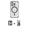 MARSİLYAN™- iPhone 15 Pro Max Kılıf Eksen Klasik Koleksiyonu - Siyah Bilvis Hayalet Cam Ekran Koruyucu + Gümüş PVD Metal Kamera Lens