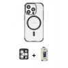 MARSİLYAN™- iPhone 15 Pro Max Kılıf Eksen Klasik Koleksiyonu - Siyah Bilvis Hayalet Cam Ekran Koruyucu + Gümüş PVD Metal Kamera Lens