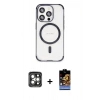 MARSİLYAN™- iPhone 15 Pro Max Kılıf Eksen Klasik Koleksiyonu - Siyah Buffer Hayalet Cam Ekran Koruyucu + Gri PVD Metal Kamera Lens