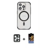 MARSİLYAN™- iPhone 15 Pro Max Kılıf Eksen Klasik Koleksiyonu - Siyah Buffer Hayalet Cam Ekran Koruyucu + PVD Metal Kamera Lens - LT