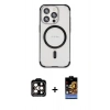 MARSİLYAN™- iPhone 15 Pro Max Kılıf Eksen Klasik Koleksiyonu - Siyah Buffer Hayalet Cam Ekran Koruyucu + PVD Metal Kamera Lens - TU