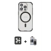 MARSİLYAN™- iPhone 15 Pro Max Kılıf Eksen Klasik Koleksiyonu - Siyah Vanessa Magic Hayalet Cam + Gri PVD Metal Kamera Lens