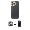 MARSİLYAN™- iPhone 15 Pro Max Kılıf Eksen Prime - Siyah 3D Antistatik Hayalet Cam Ekran Koruyucu + PVD Metal Kamera Lens - GI