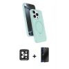 MARSİLYAN™- iPhone 15 Pro Max Kılıf İz Işık Koleksiyonu - Siyah 3D Antistatik Hayalet Cam Ekran Koruyucu + PVD Metal Kamera Lens - SH