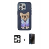 MARSİLYAN™- iPhone 15 Pro Max Kılıf İz Minimal Koleksiyonu - Siyah 3D Antistatik Hayalet Cam Ekran Koruyucu + PVD Metal Kamera Lens - GS