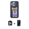 MARSİLYAN™- iPhone 15 Pro Max Kılıf İz Minimal Koleksiyonu - Siyah 3D Antistatik Hayalet Cam Ekran Koruyucu + PVD Metal Kamera Lens - TU