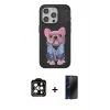 MARSİLYAN™- iPhone 15 Pro Max Kılıf İz Minimal Koleksiyonu - Siyah 3D Antistatik Hayalet Cam Ekran Koruyucu + PVD Metal Kamera Lens - TU