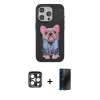 MARSİLYAN™- iPhone 15 Pro Max Kılıf İz Minimal Koleksiyonu - Siyah 3D Antistatik Hayalet Cam Ekran Koruyucu + PVD Metal Kamera Lens - LT