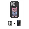 MARSİLYAN™- iPhone 15 Pro Max Kılıf İz Minimal Koleksiyonu - Siyah 3D Antistatik Hayalet Cam Ekran Koruyucu + PVD Metal Kamera Lens - GS