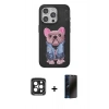 MARSİLYAN™- iPhone 15 Pro Max Kılıf İz Minimal Koleksiyonu - Siyah 3D Antistatik Hayalet Cam Ekran Koruyucu + PVD Metal Kamera Lens - SH