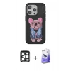 MARSİLYAN™- iPhone 15 Pro Max Kılıf İz Minimal Koleksiyonu - Siyah Bilvis 5in1 5D Magic Hayalet Cam Ekran Koruyucu + PVD Metal Kamera Lens - LT